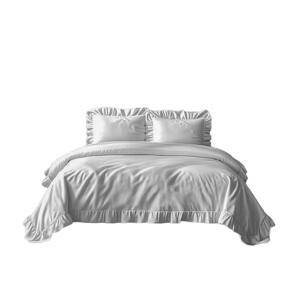 image 1 of Duvet Cover And Pillowcase Set Pink Teal White Green Silver Frilled Design Polycotton Linen White | White | Single