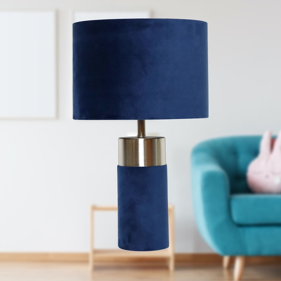 image 1 of Set of 2 Navy Blue Velour Velvet Table Lamps | Blue | Chrome | Large | 2