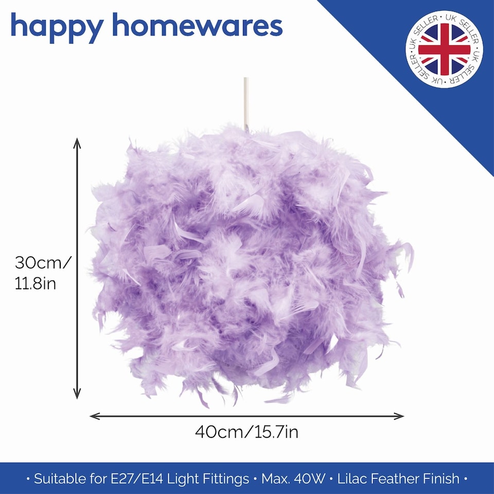 image 1 of Contemporary and Unique Large Lilac Real Feather Decorated Pendant Light Shade | Purple | Lilac | 1