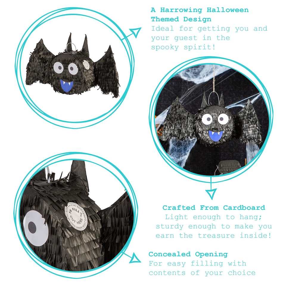 image 1 of Pinatas Halloween Bat Cardboard Pinata, Stick and Blindfold Set - W56cm x D10.5cm x H30cm - Black
