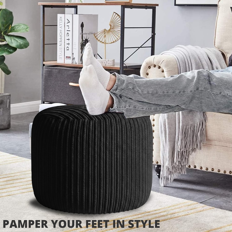 image 1 of Black  Jumbo Cord Footstool Oval Pouffe, Corduroy Ottoman Bean Bags 40cm x 35cm