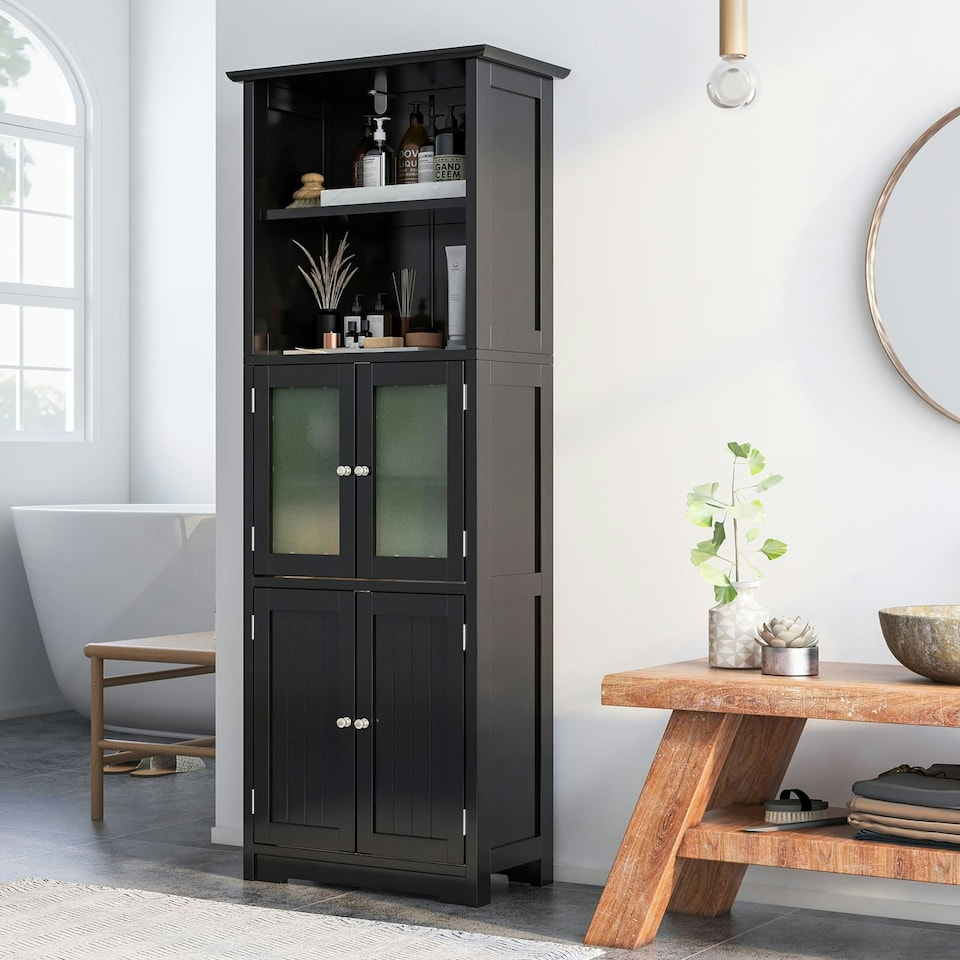 image 1 of COSTWAY Bathroom Storage Cabinet 2 Doors Display Organizer Black Black