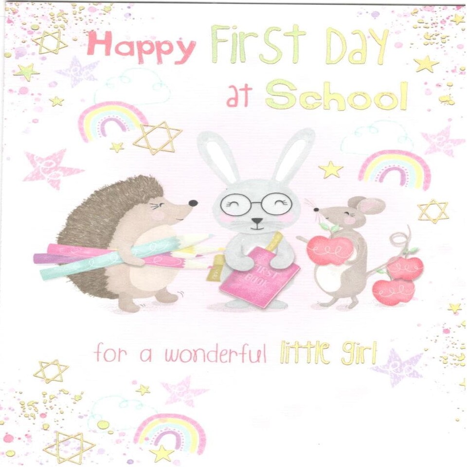 image 1 of Animals Carrying Stationery For Girl Happy First Day At School Card