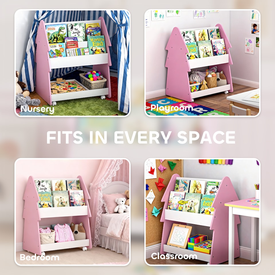 image 1 of AIYAPLAY Kids Bookshelf and Toy Storage, Double-Sided Children's Bookcase with Wheels, 3 Tier Kids Book Rack for Playroom, Bedroom, Nursery, Classroom, Pink