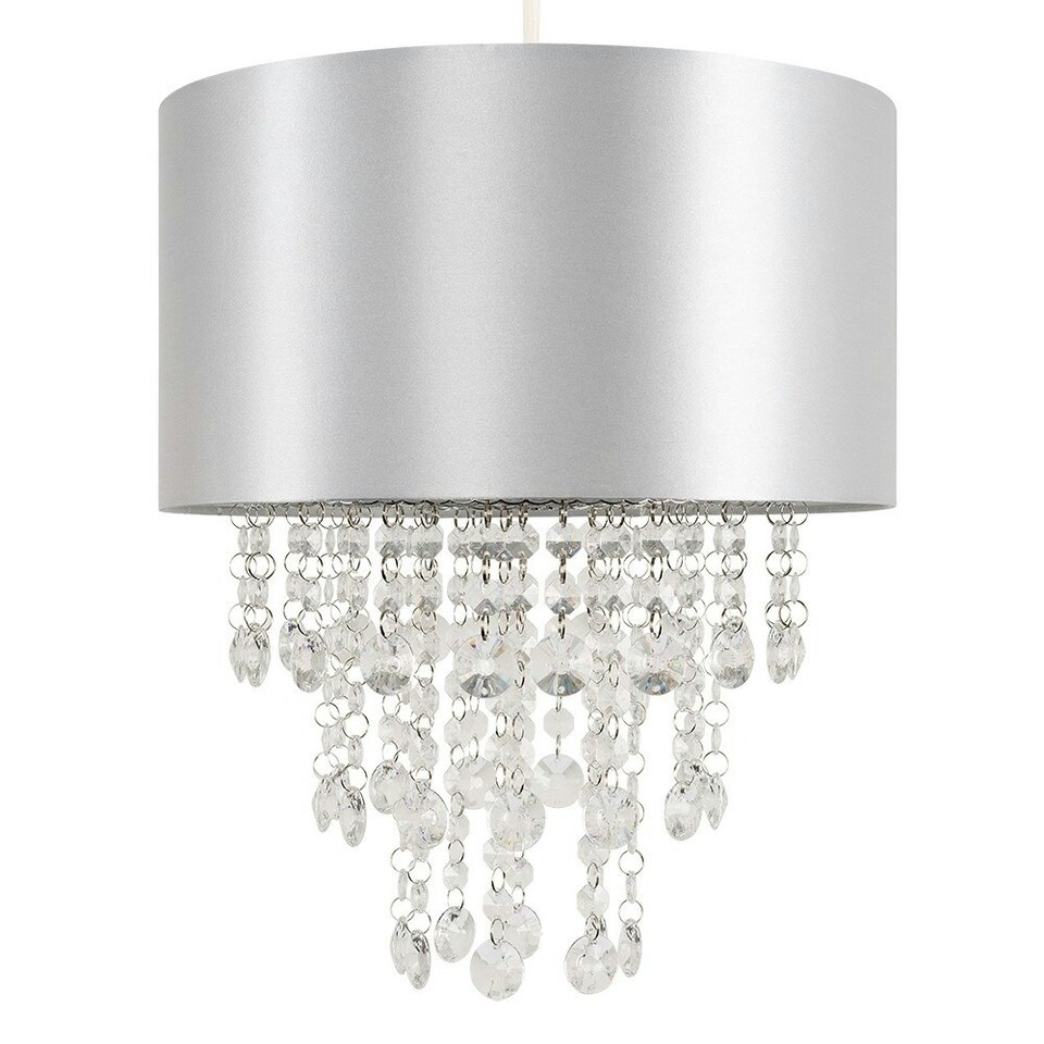 image 1 of ValueLights Pair of - Grey Cylinder Ceiling Pendant Light Shades with Clear Acrylic Jewel Effect Droplets - Complete with 10w LED GLS Bulbs 3000K Warm White