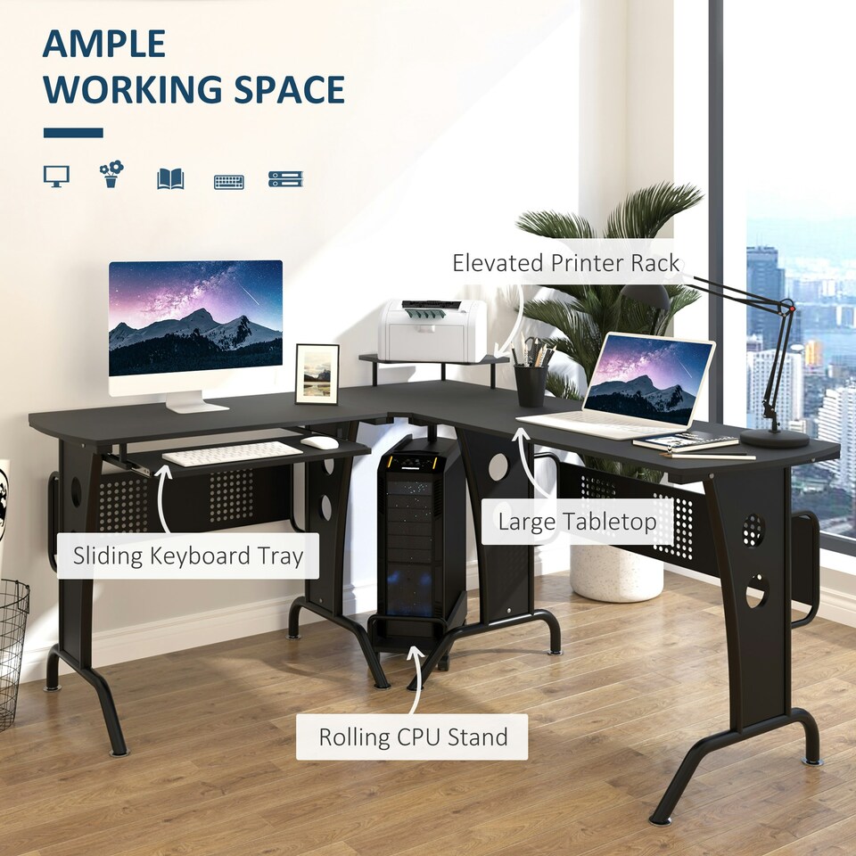 image 1 of HOMCOM Space-Saving Corner Work Office Desk Gaming with Steel Frame