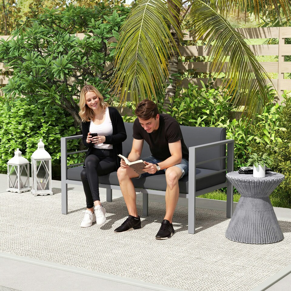 image 1 of Outsunny Garden Loveseat with Removable Cushions, Charcoal Grey Grey | Charcoal grey