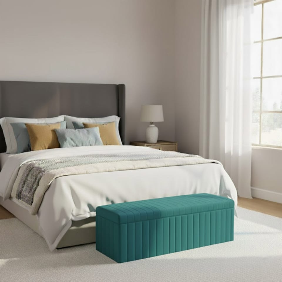 image 1 of 180cm Wide Lux Ottoman Storage Box, Teal Velvet Upholstered Full Striped Storage Ottoman Box