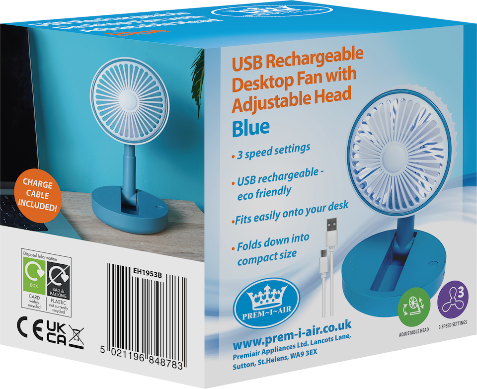 image 1 of Premier Compact USB Rechargeable Desktop Fan with Adj Head Blue