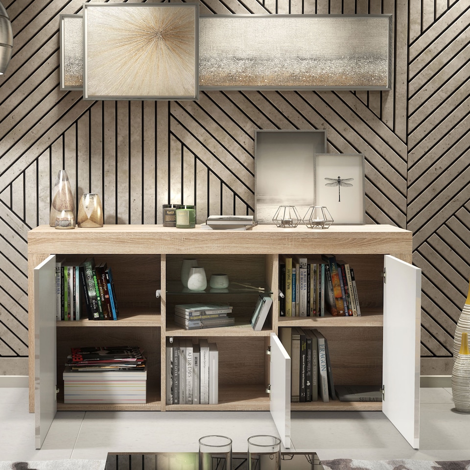 image 1 of TV Unit TV Stand Sideboard Media Cabinet Storage Cabinet Oak White High Gloss 145cm