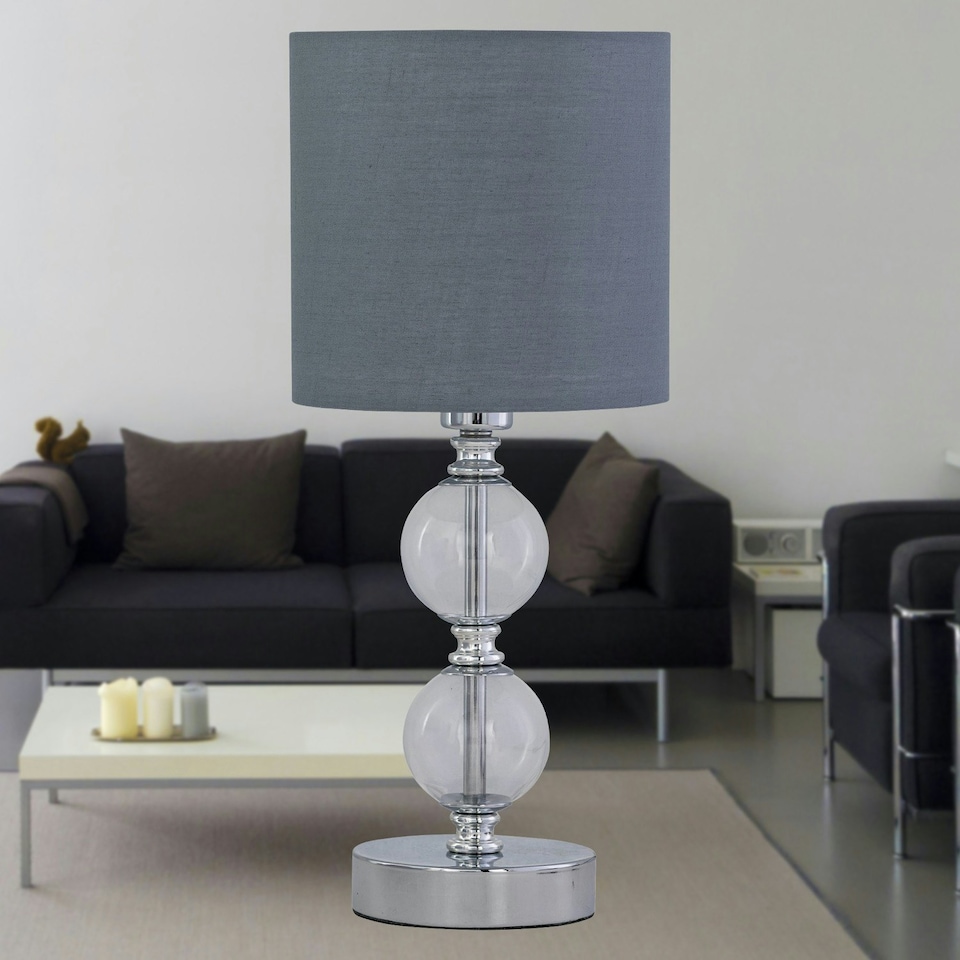 image 1 of Chrome Two Ball Table Lamp with Grey Cotton Shade Chrome | Grey