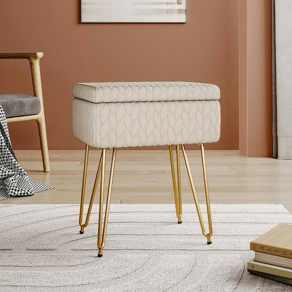 image 1 of Living and Home Rectangle Upholstered Storage Ottoman Vanity Stool Cream