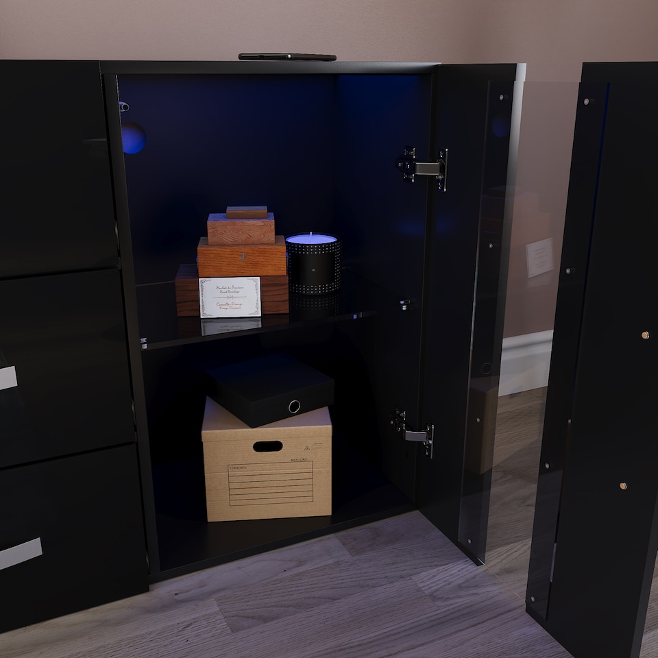 image 1 of Vida Designs Astro 2 Door 3 Drawer LED Sideboard Buffet Cabinet Storage, Black | Black | 1