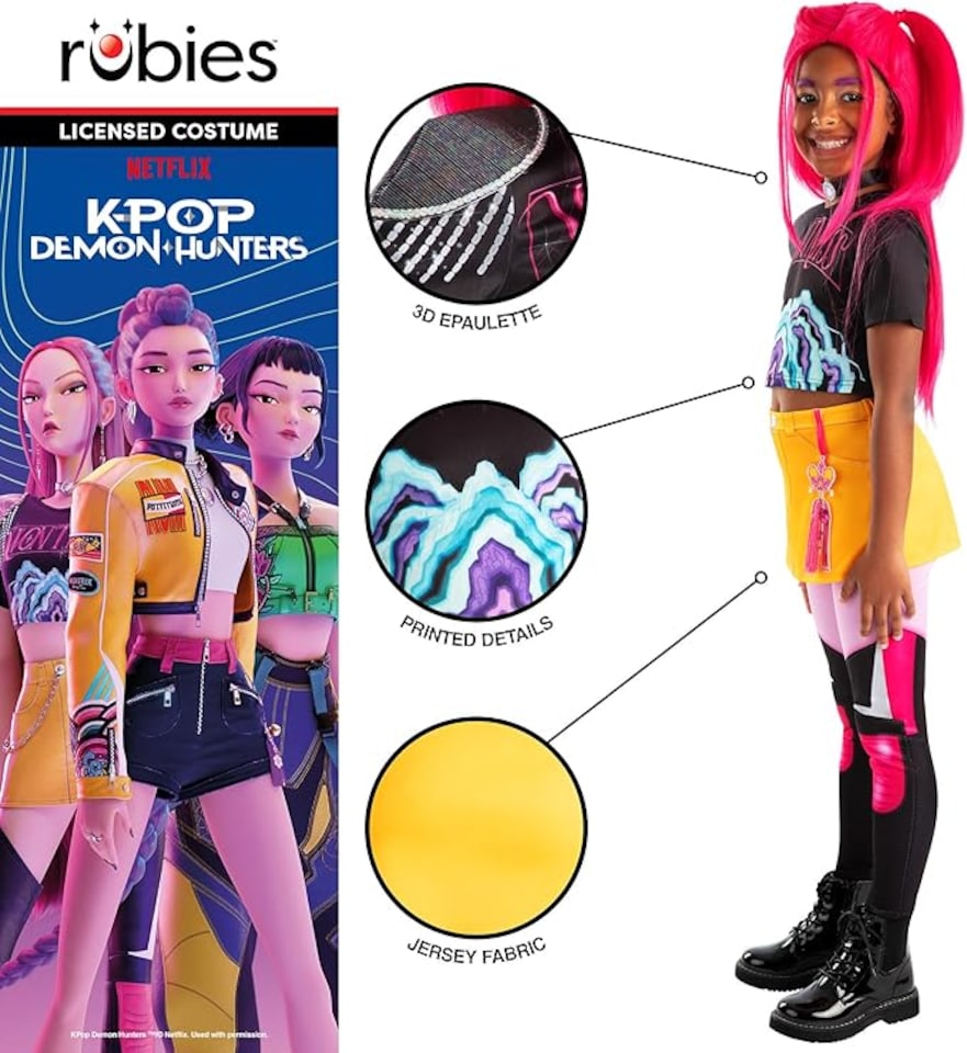 image 1 of Rubie's Official Netflix K-Pop Demon Hunters Deluxe Mira Costume | Graphic Crop Top, Yellow Skirt, Printed Leggings & Choker | Girls Fancy Dress | Officially Licensed Halloween Costume | Kids Sizes