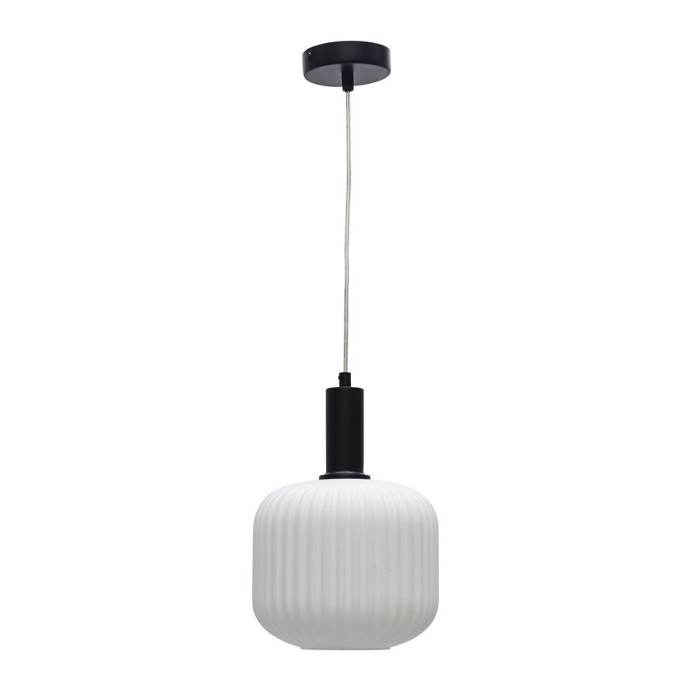 First Choice Lighting Bento - White Ribbed Glass Black Deco Pendant Fitting