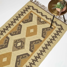 Homescapes Ravar Brown and Gold Kilim Wool Rug - 160 x 230 cm | Brown | 160 x 230 cm