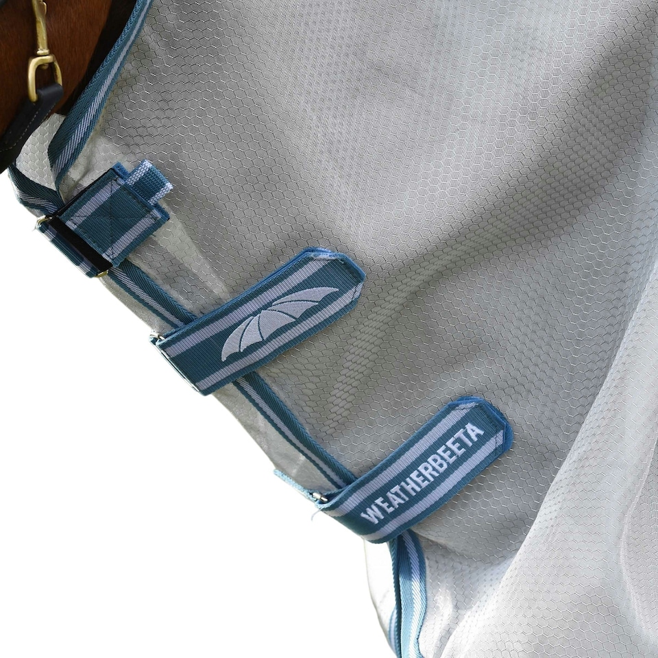 image 1 of Weatherbeeta Comfitec Hexi Shield Combo Neck Horse Fly Rug - Silver/Teal Blue - 5´ 6"