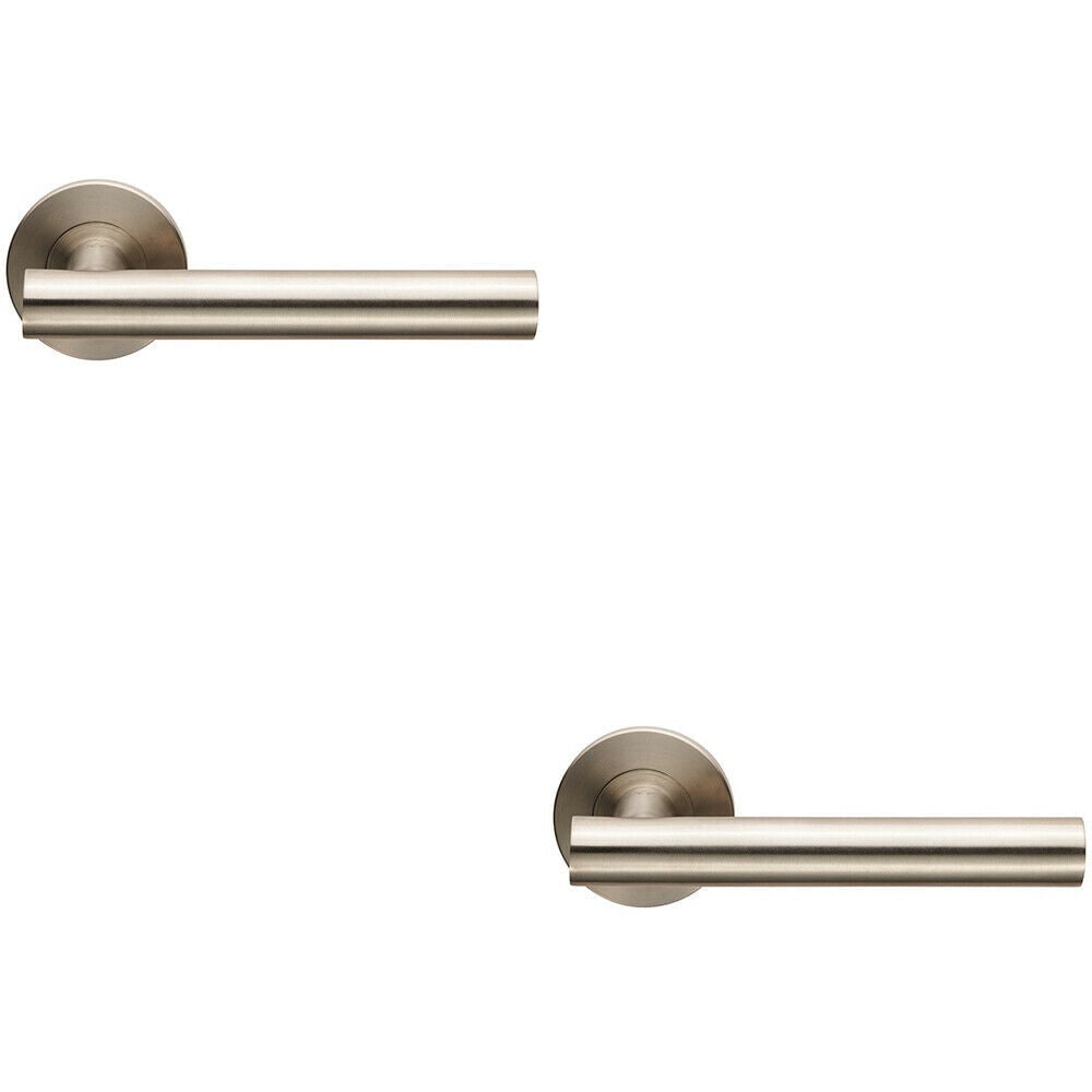 Loops 2x PAIR Straight Round T Bar Lever on Slim Round Rose Concealed Fix Satin Steel in Metallics