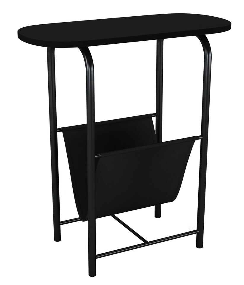 image 1 of Slim Oval Side End Table with Magazine Holder Sling Rack Coffee Snacks Newspapers | Multi | Black