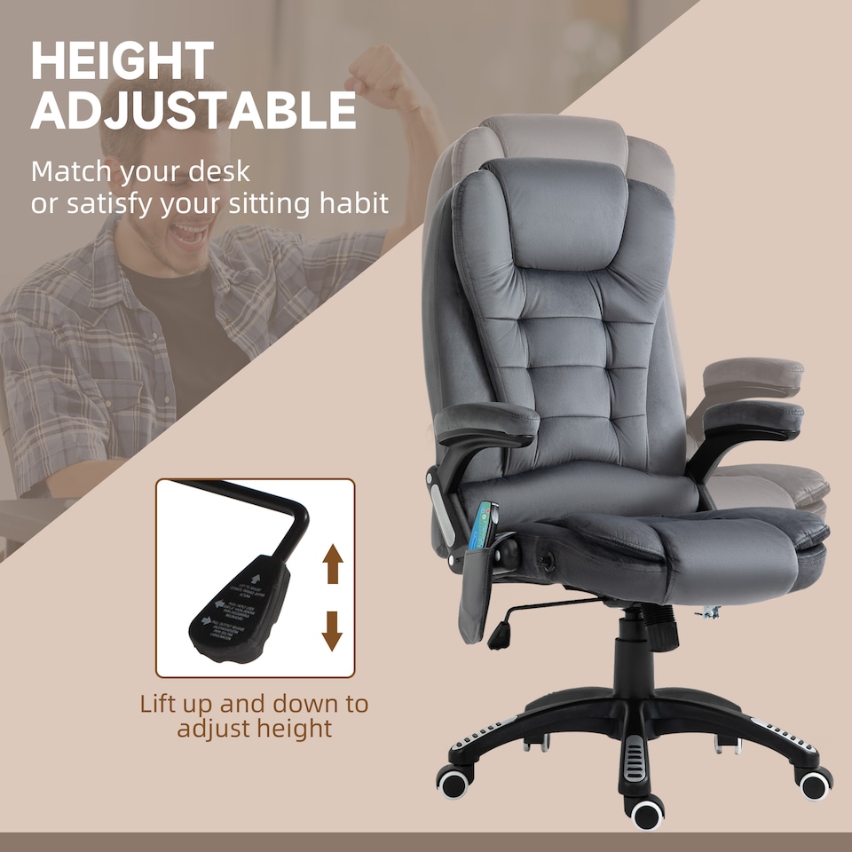 image 1 of Vinsetto Office Chair, Desk Chair with 6-Point Massage and Back Heated, Velvet-Feel Fabric Computer Chair with Arms, Lumbar Support, Gray