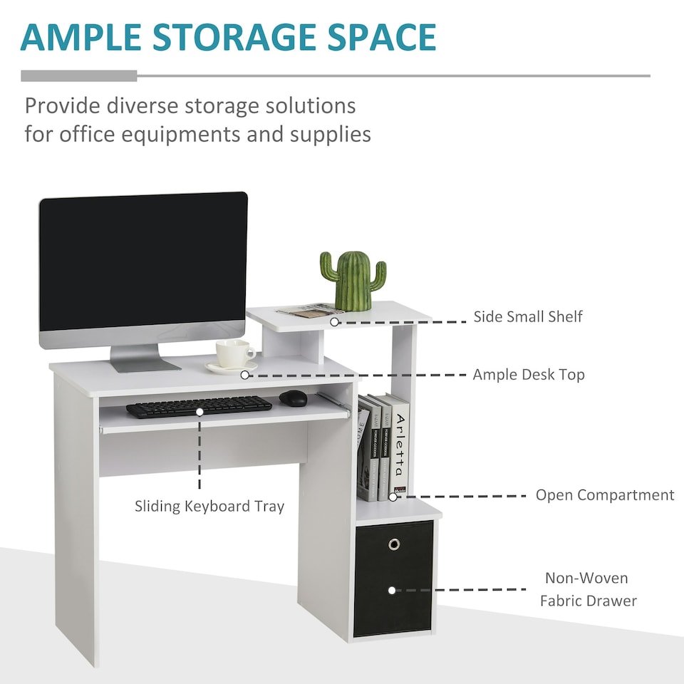 image 1 of HOMCOM Computer Desk with Sliding Keyboard Tray Storage Drawer Shelf White