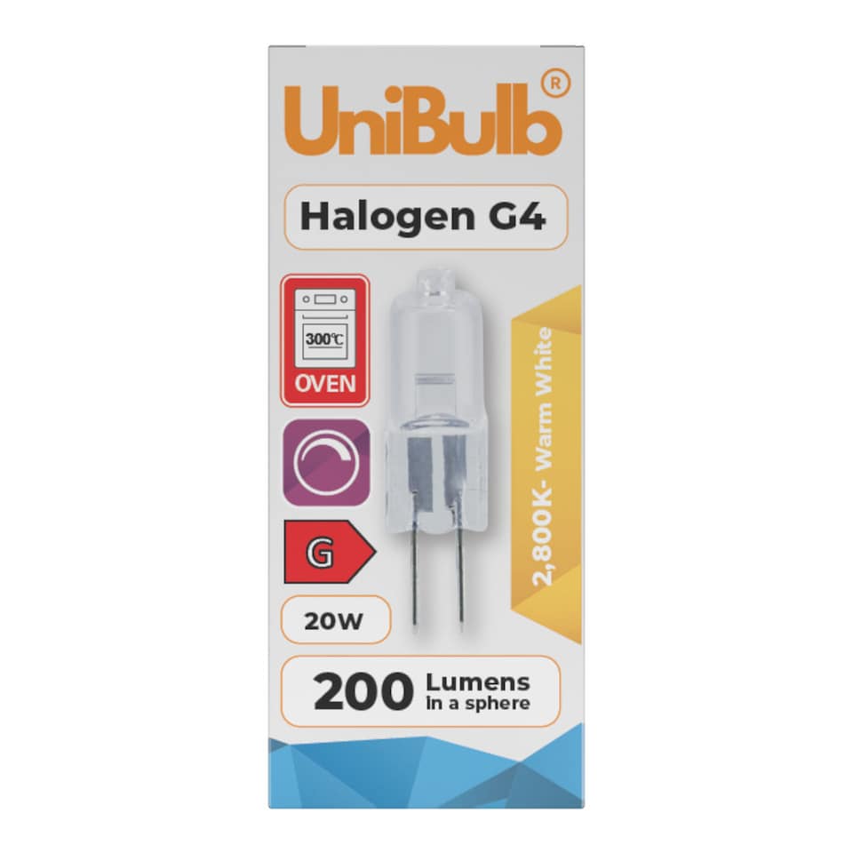 image 1 of UniBulb Halogen G4 200lm 20W 2800K (Warm White) Capsule Light Bulb For Chandeliers, Lamps, & Ovens - Pack of 1 | Clear | Warm White | 1