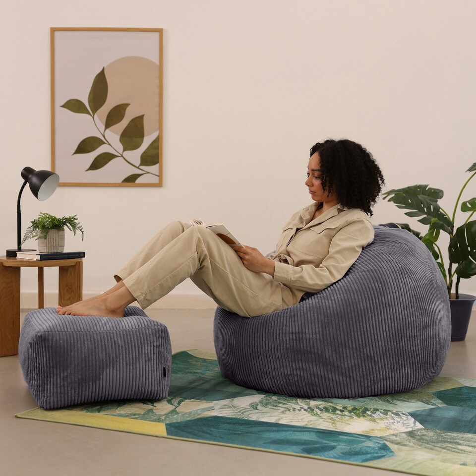 image 1 of icon Kingston Cord Adults Bean Bag Chair and Pouffe, Ready Filled Beanbag and Footstool Charcoal Grey Grey