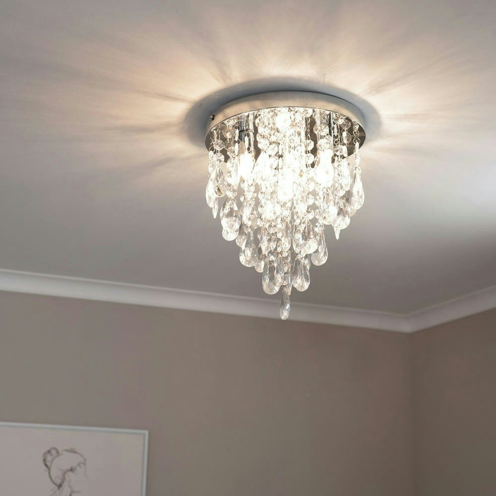 ValueLights Lara Chrome Flush Chandelier Style Acrylic Droplet Ceiling Light with LED Bulb in Silver