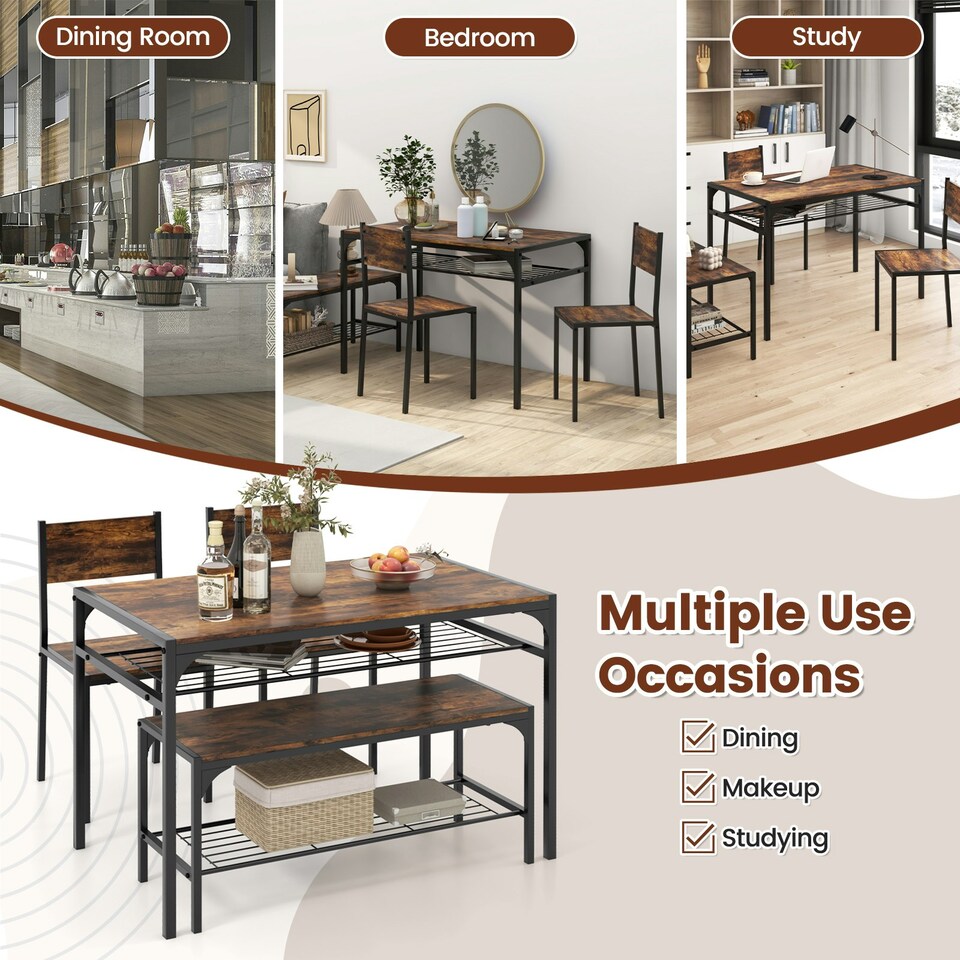 image 1 of COSTWAY 4-piece Dining Set Table with Chairs & Bench Brown Brown