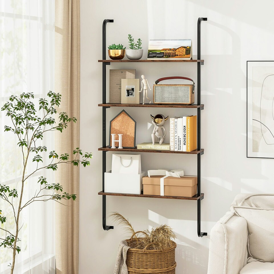 image 1 of COSTWAY 4-Tier Shelving Wall Mounted Wood Bookcasw Brown