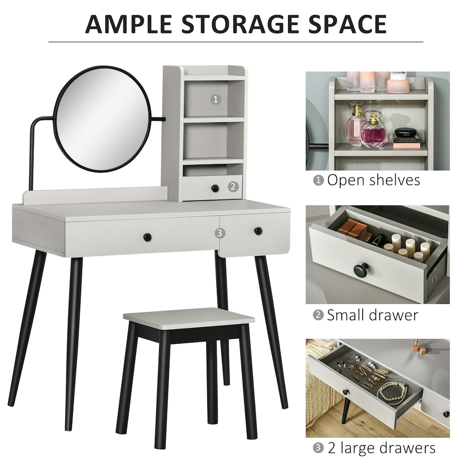 image 1 of HOMCOM Dressing Table Set with 3 Drawers, Storage shelves and Stool, Grey