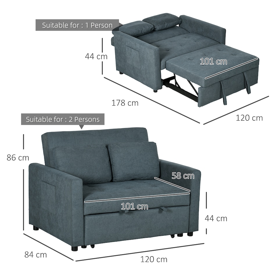 image 1 of HOMCOM 2 Seater Sofa Bed Convertible Bed Settee with Pillows, Grey