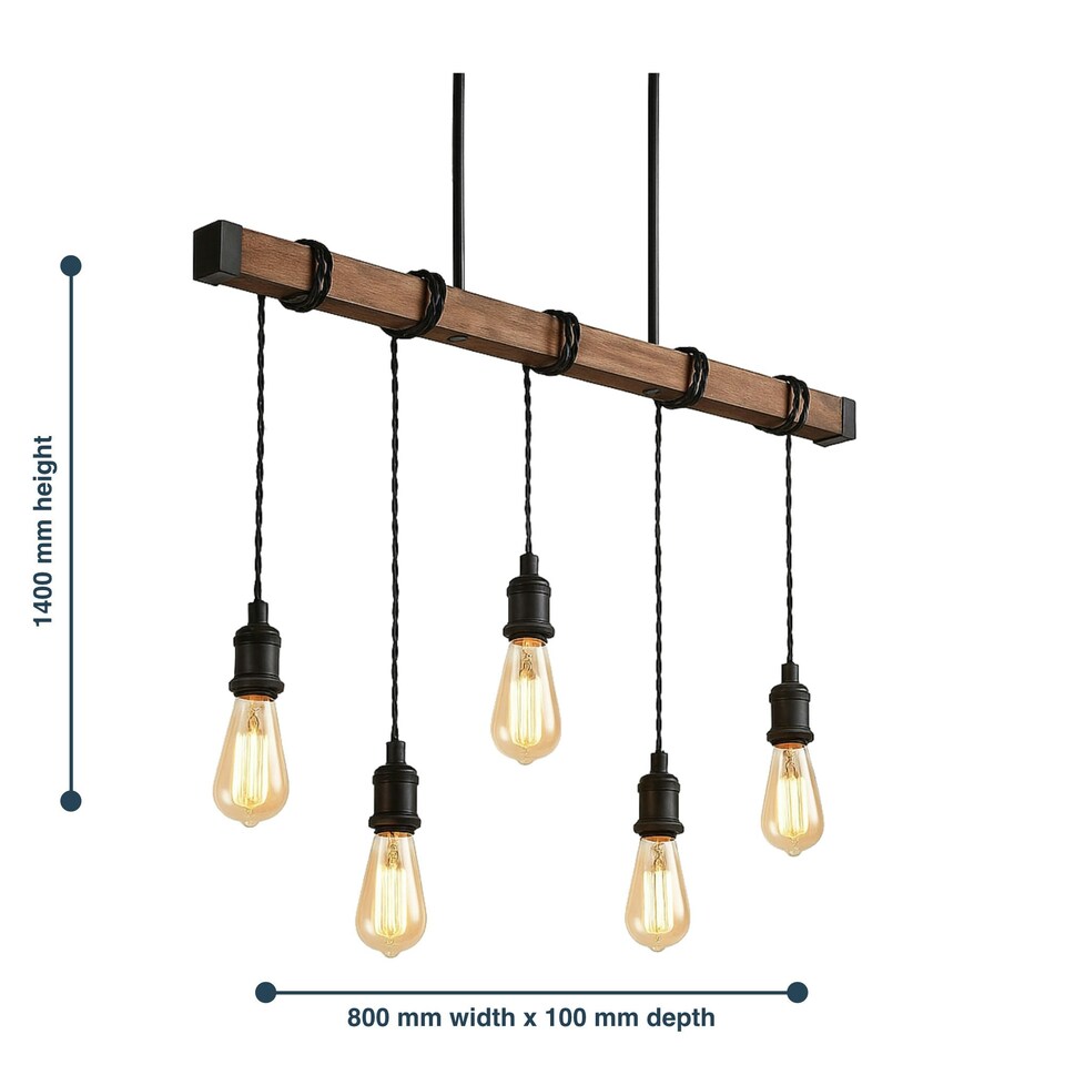 image 1 of Foxton - Wood 5 Light Hanging Bar Pendant Black | Brown