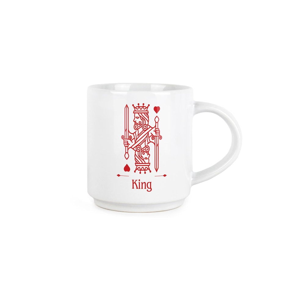 image 1 of King & Queen Stacking Mugs Set Gift - Red Playing Cards Ceramic Cups Set of 2 with Metal Stand, Classic Game Gifts for Couples | White