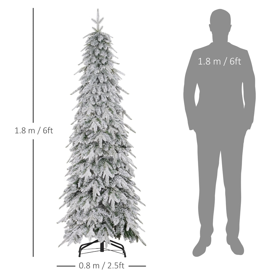 image 1 of HOMCOM 6ft Pencil Artificial Christmas Tree, Snow Flocked mas Tree with Downswept Branches and 600 Tips, Auto Open, Steel Base, Holiday Decoration for Home Office, Green
