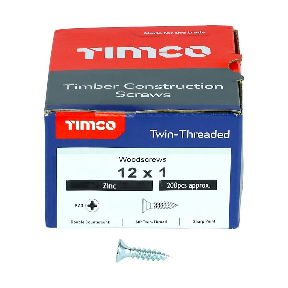 image 1 of Timco - Twin-Threaded Woodscrews - PZ - Double Countersunk - Zinc (Size 12 x 1 - 200 Pieces)