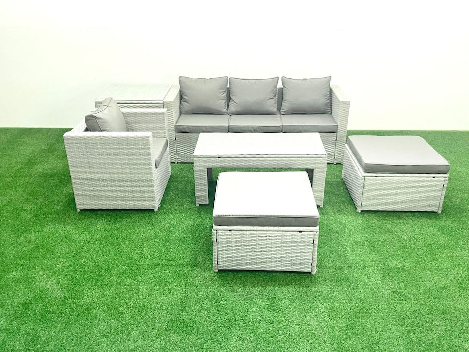 image 1 of Fimous Outdoor Rattan Garden Furniture Set with Grey Cushions Luxury 6 Seater with 2 Big Footstools and Coffee Table,Side Table For Conservatory,Patio