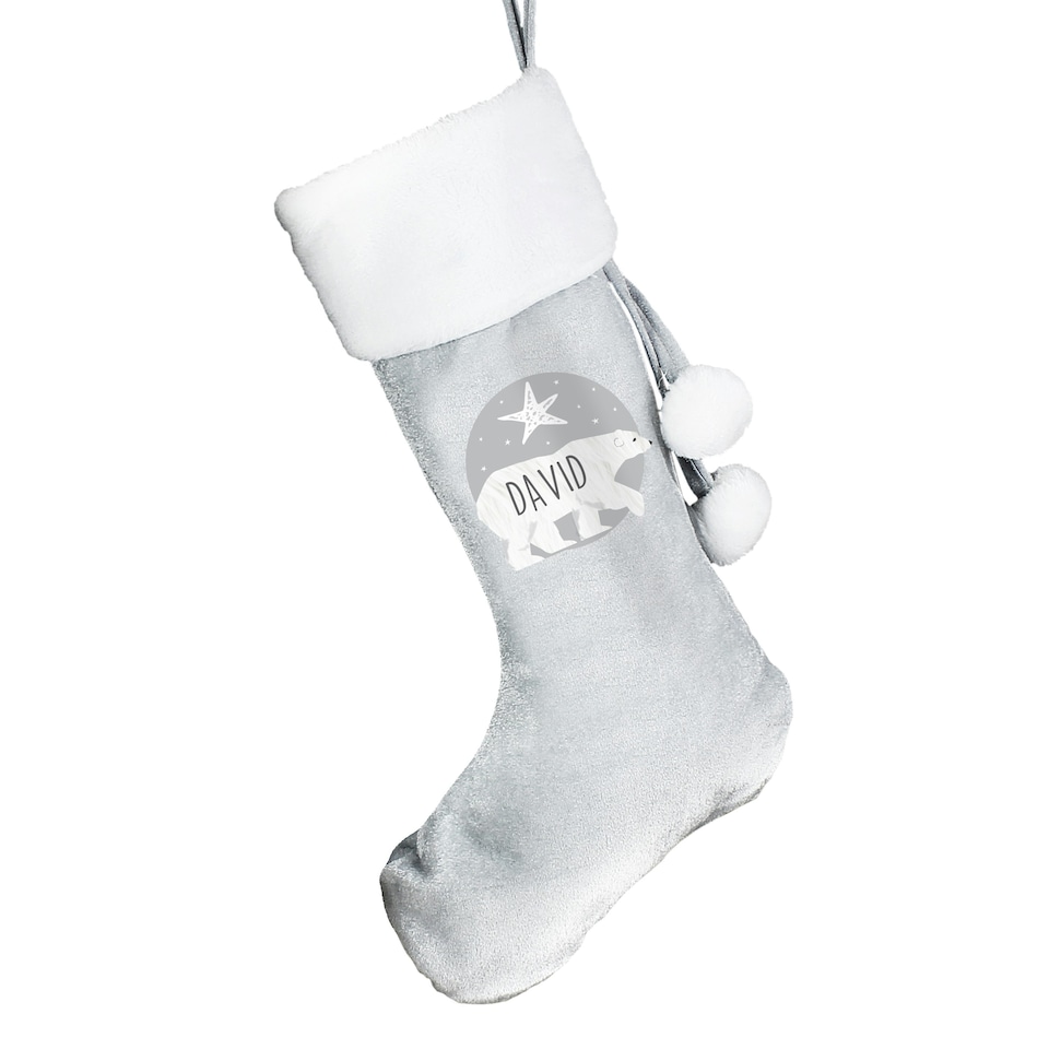 image 1 of Personalised Polar Bear Luxury Silver Grey Stocking