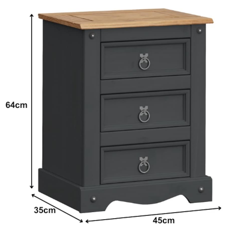 image 1 of Corona Charcoal Medium 3 Drawer Bedside Cabinet Chest Table Solid Wood Pine Wooden Dark Grey Bedroom with Mexican Styling