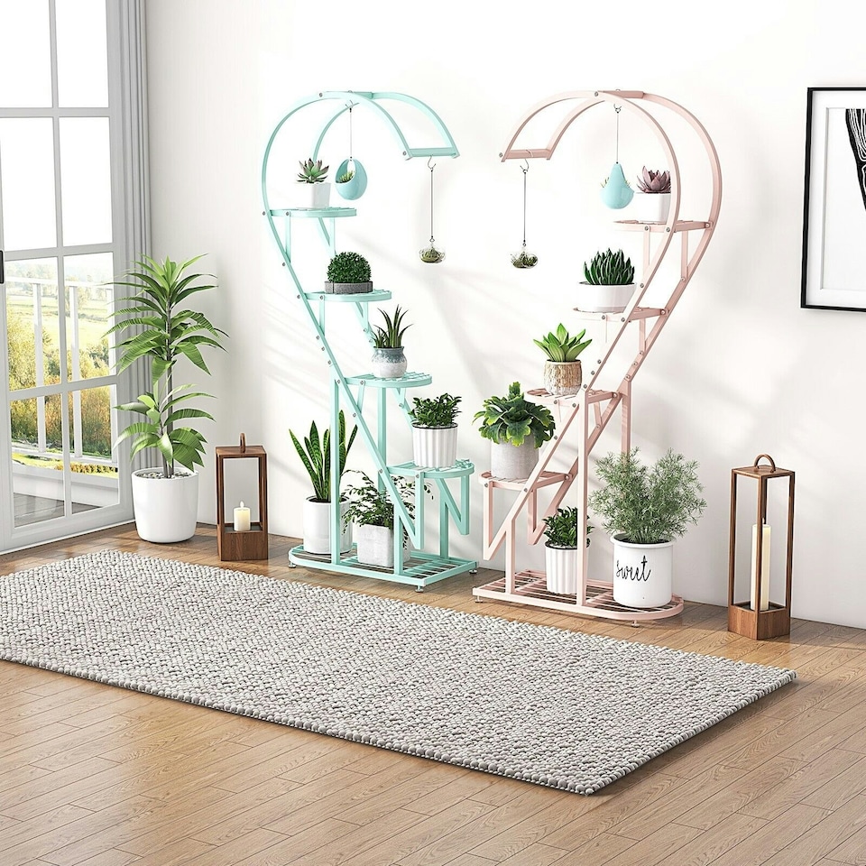image 1 of COSTWAY 5 Tier Plant Stand Heart-shaped Ladder Shelf | Pink