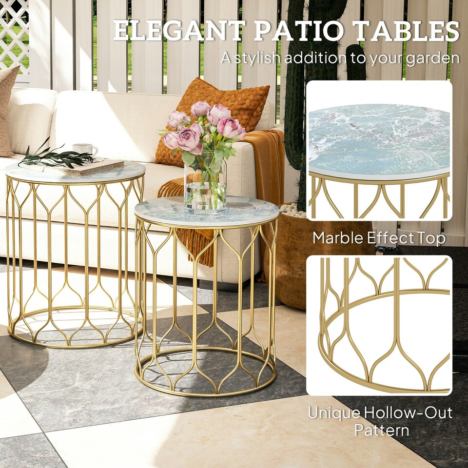 image 1 of Outsunny Nesting Tables Set of 2, Marble Effect Side Tables Multi | Multicoloured