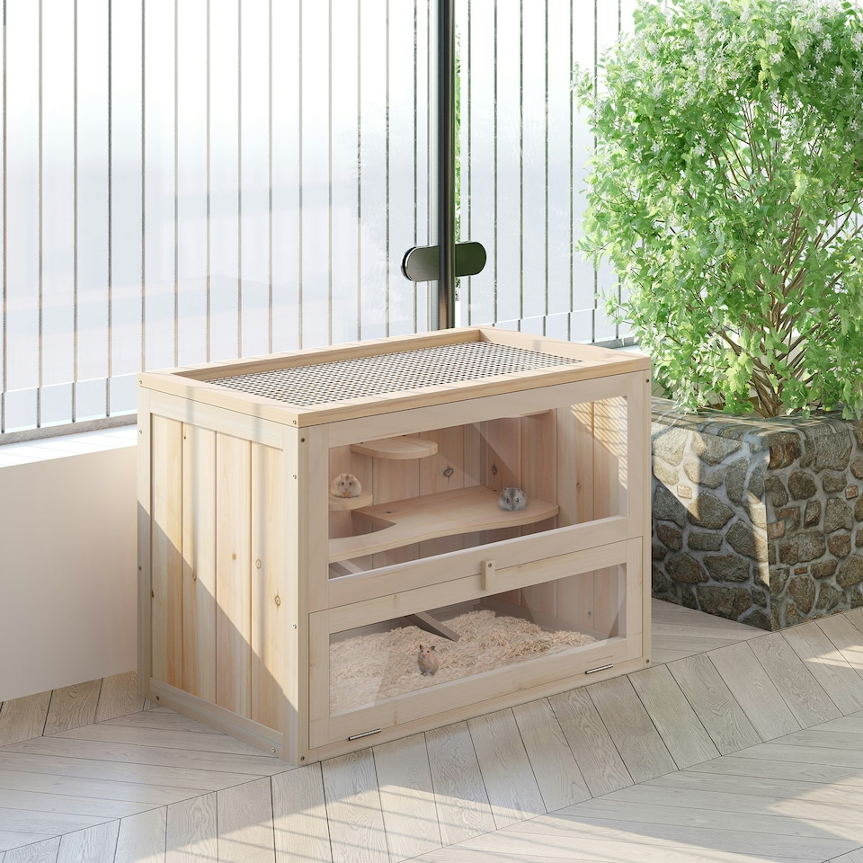 image 1 of PawHut 2 Levels Wooden Hamster Cage Mice Rodents Hutch Small Animals