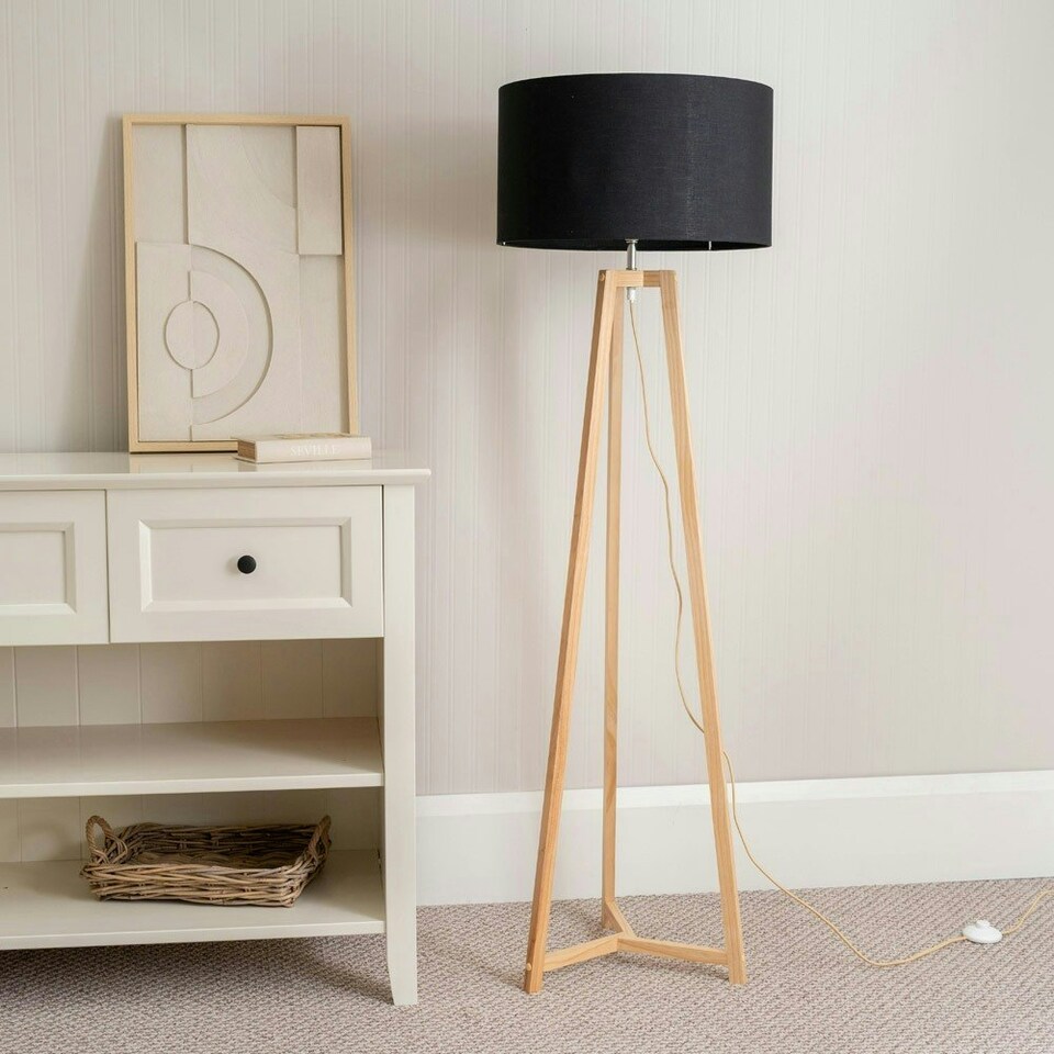 image 1 of ValueLights Lottie Natural Wood Tripod Floor Lamp with Black Fabric Drum Shade and LED Bulb