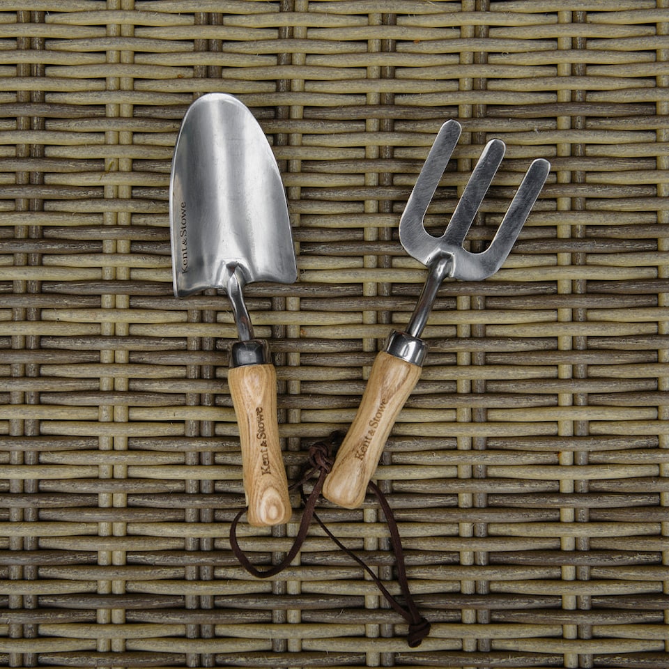 image 1 of Kent & Stowe Kids Hand Trowel and Fork Set, Ash Handles, Stainless Steel Heads | Brown | 1 x Trowel, 1 x Fork | 2