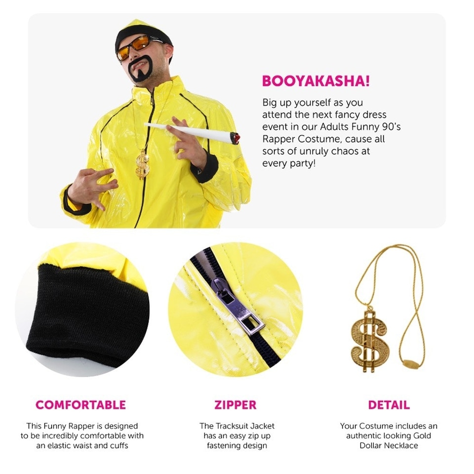 image 1 of 90's Rapper Costume - Hat, Glasses, Goatee, Dollar Chain & Spliff Yellow | L