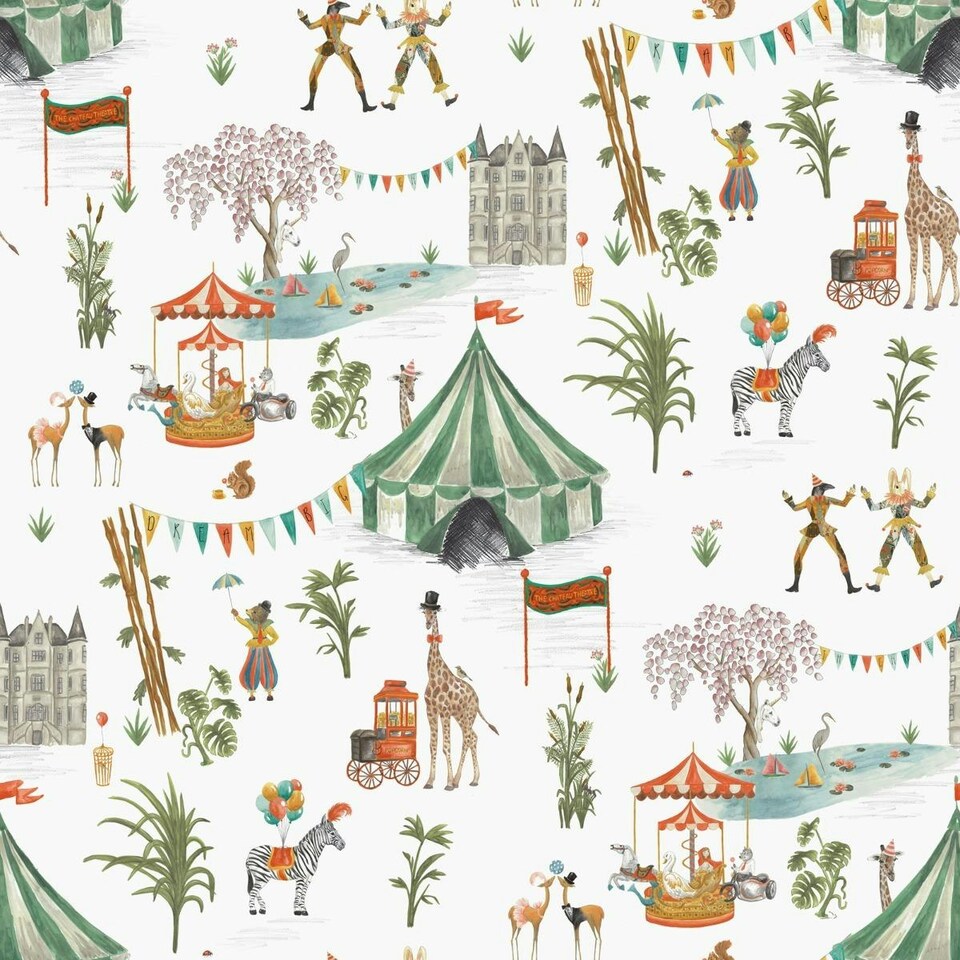 The Chateau by Angel Strawbridge Circus Wallpaper - White/Green/Orange - 10m x 53cm White