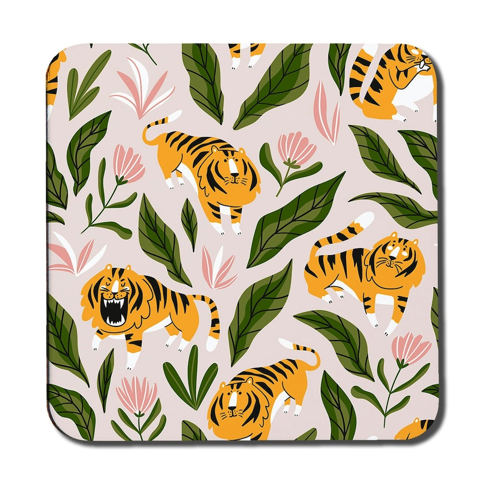 image 1 of cute tigers and tropical leaves and flowers (Coaster)