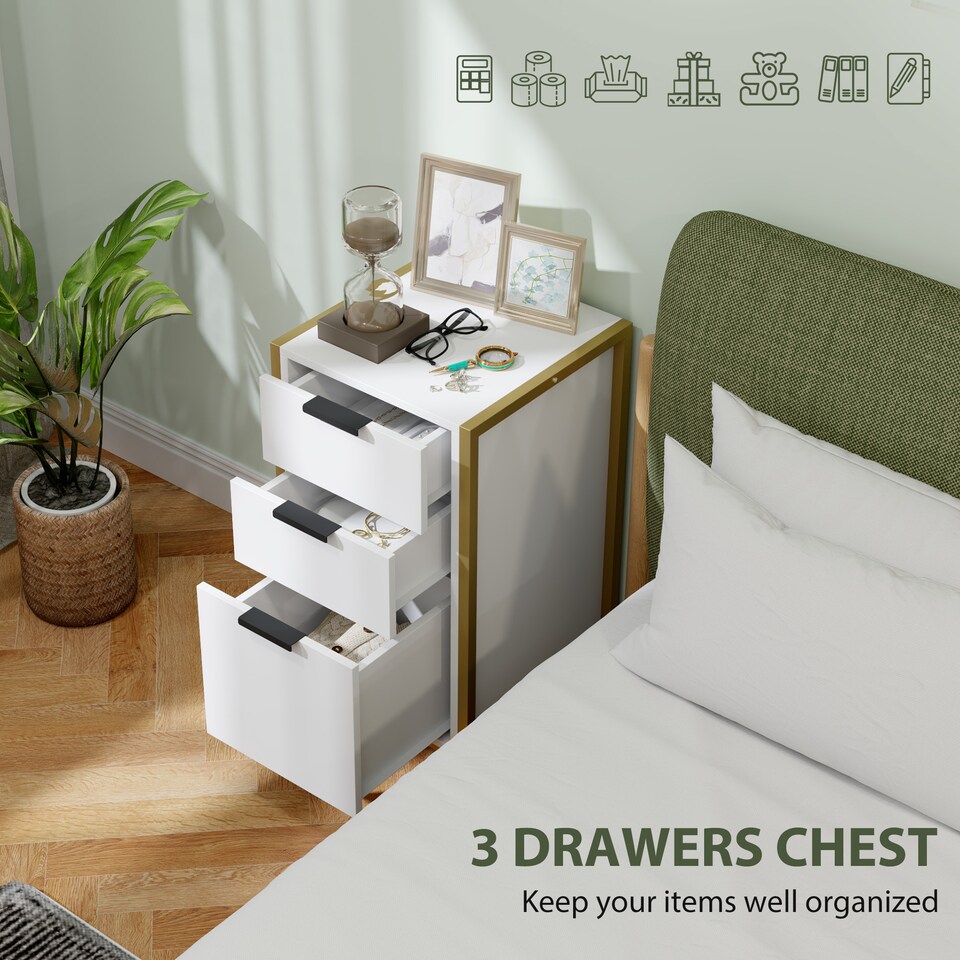 image 1 of HOMCOM Bedroom Chest of Drawers, Industrial 3-Drawer Dresser, Storage Drawers Unit with Metal Frame for Living Room, White | White | White