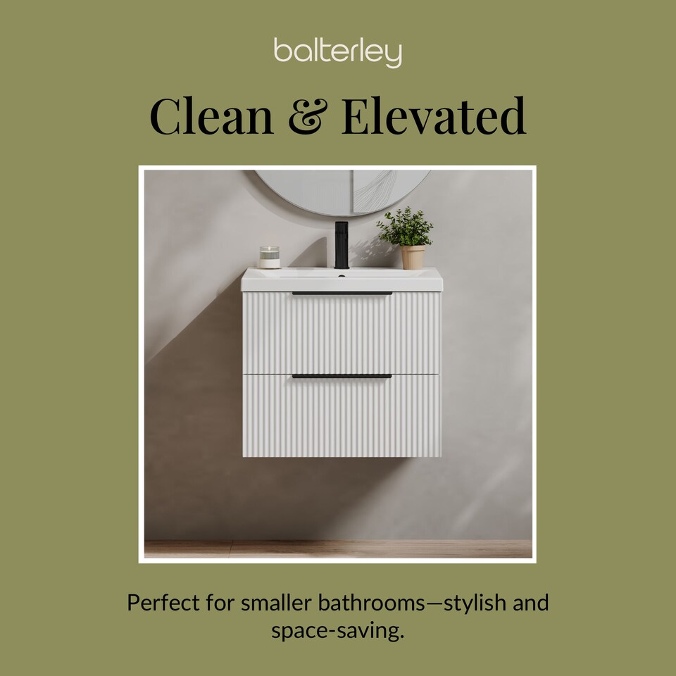 image 1 of Balterley Fluted Front Wall Hung 2-Drawer Bathroom Vanity Unit with 1 Tap Hole Basin, Handles | White | Satin White
