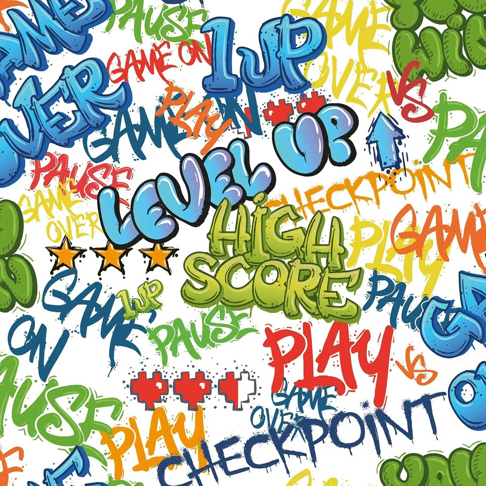 Sample of Graffiti Gamer Wallpaper in Multicoloured on White Multi